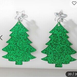 Christmas tree acrylic glitter earrings w silver flakes star nwt